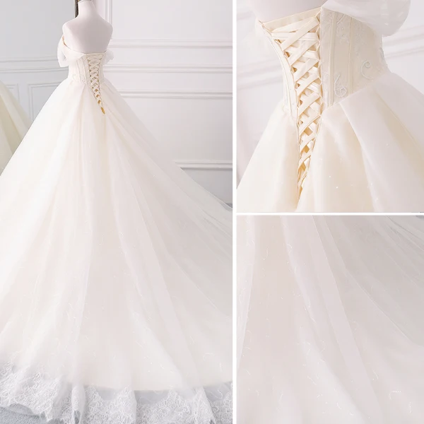 Schöne Champagner Brautkleider 2018 Ballkleid Perlenstickerei Pailletten Mit Spitze Off Shoulder Rückenfreies Ärmellos Königliche Schleppe Hochzeit