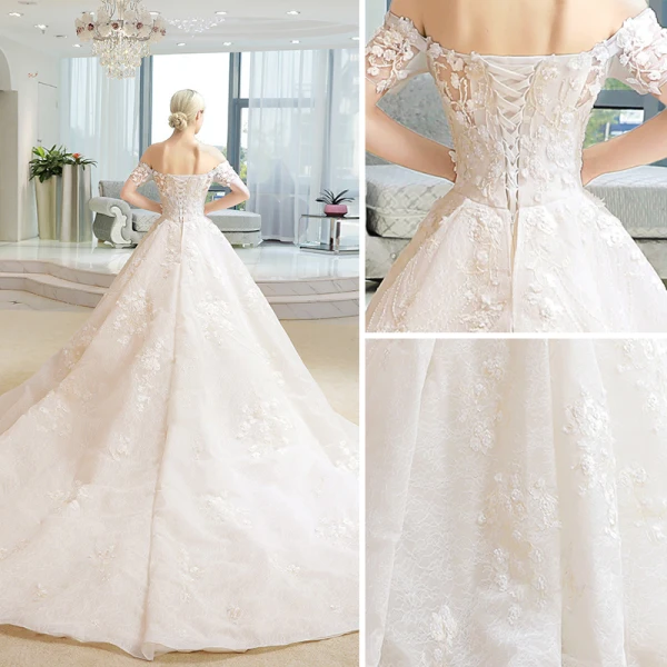 Luxury / Gorgeous Champagne Wedding Dresses 2018 Ball Gown Lace Flower Appliques Beading Sequins Off-The-Shoulder Backless Short Sleeve Cathedral Train Wedding