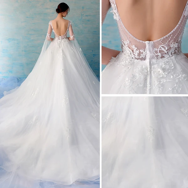 Chic / Belle Blanche Robe De Mariée 2018 Robe Boule En Dentelle Appliques Perlage Paillettes V-Cou Dos Nu 3/4 Manches Cathedral Train Mariage