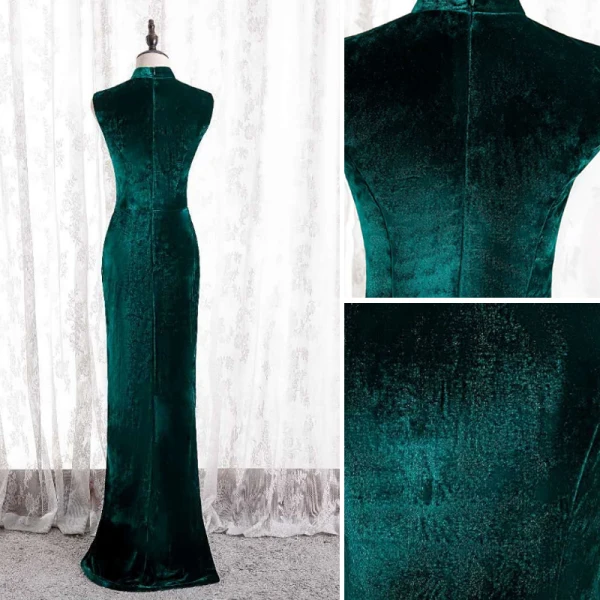 Chinese style Dark Green Cheongsam / Qipao Trumpet / Mermaid Evening Dresses 2021 High Neck Sleeveless Suede Evening Party Floor-Length / Long Formal Dresses