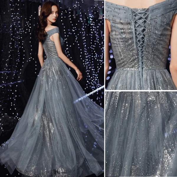 Charmant Océan Bleu Robe De Soirée 2021 Princesse De l'épaule Glitter Paillettes Sans Manches Dos Nu Longue Soirée Robe De Ceremonie