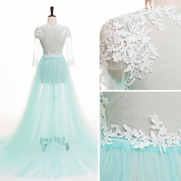 Chic / Beautiful Pool Blue Summer Evening Dresses  2018 A-Line / Princess Pierced Lace Appliques V-Neck 3/4 Sleeve Sweep Train Formal Dresses