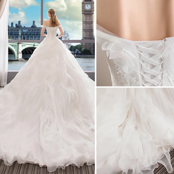 Elegant Ivory Wedding Dresses 2018 Ball Gown Lace Cascading Ruffles Off-The-Shoulder Backless Sleeveless Royal Train Wedding