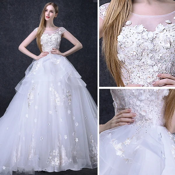 Elegant White Wedding Dresses 2018 Ball Gown Beading Appliques Bow Scoop Neck Backless Sleeveless Cathedral Train Wedding