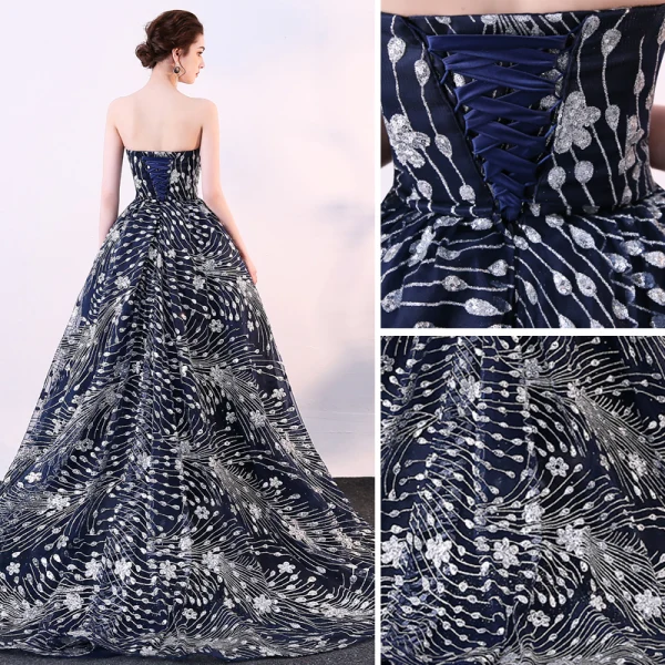 Glitzernden Marineblau Festliche Kleider 2018 Ballkleid Glanz Pailletten Bandeau Rückenfreies Ärmellos Hof-Schleppe Abendkleider