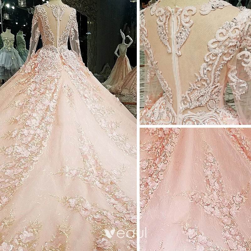 Luxury / Gorgeous Pearl Pink Wedding Dresses 2018 Ball Gown Lace Flower ...