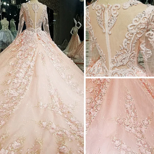 Lyx Pärla Rosa Bröllopsklänningar 2018 Balklänning Spets Blomma Appliqués Beading Rhinestone Urringning Långärmad Cathedral Train Bröllop