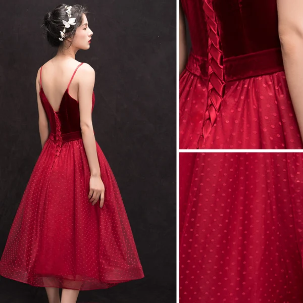 Lovely Burgundy Homecoming Graduation Dresses 2018 A-Line / Princess Suede Bow Spaghetti Straps Backless Sleeveless Tea-length Formal Dresses