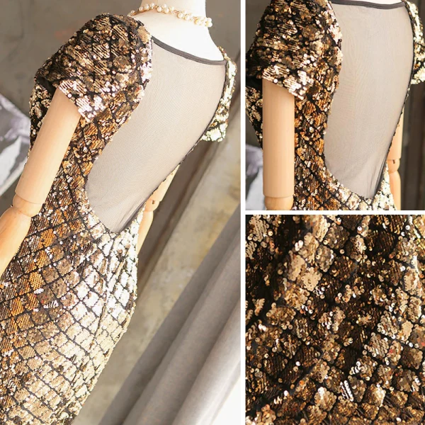 Sparkly Gold Evening Dresses  2018 Trumpet / Mermaid Sequins V-Neck Short Sleeve Floor-Length / Long Formal Dresses