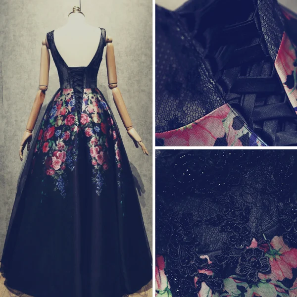 Vintage / Retro Black Prom Dresses 2018 A-Line / Princess Beading Lace Flower Printing Scoop Neck Backless Sleeveless Floor-Length / Long Formal Dresses