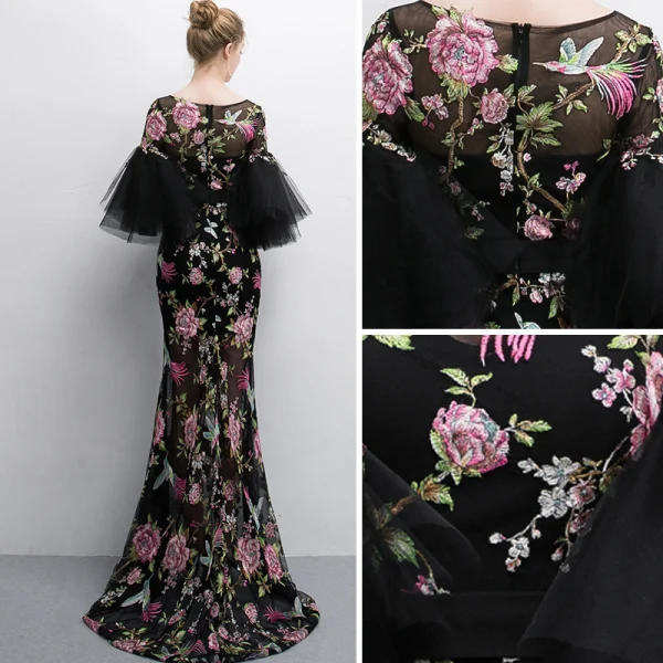 Chic / Beautiful Black Evening Dresses 2018 Trumpet / Mermaid Printing Scoop Neck 3/4 Sleeve Floor-Length / Long Formal Dresses