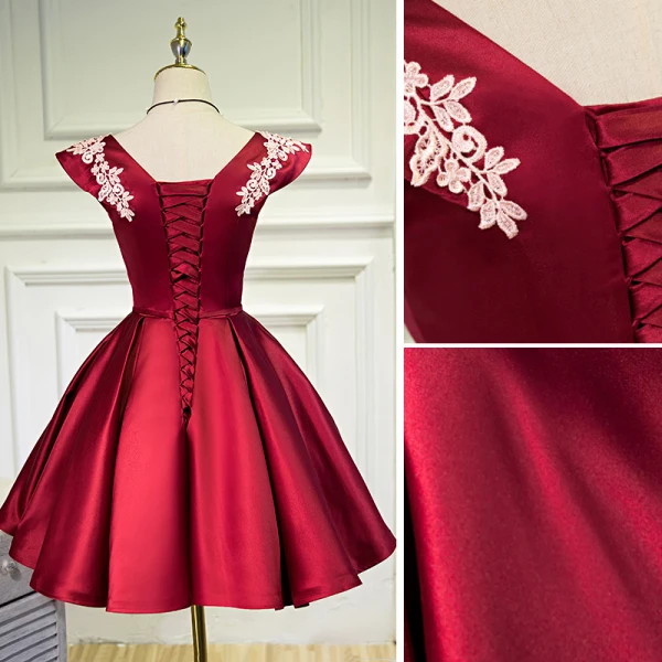 Mode Bordeaux de retour Courte Robe De Graduation 2021 Princesse V-Cou Noeud En Dentelle Fleur Sans Manches Dos Nu Robe De Ceremonie