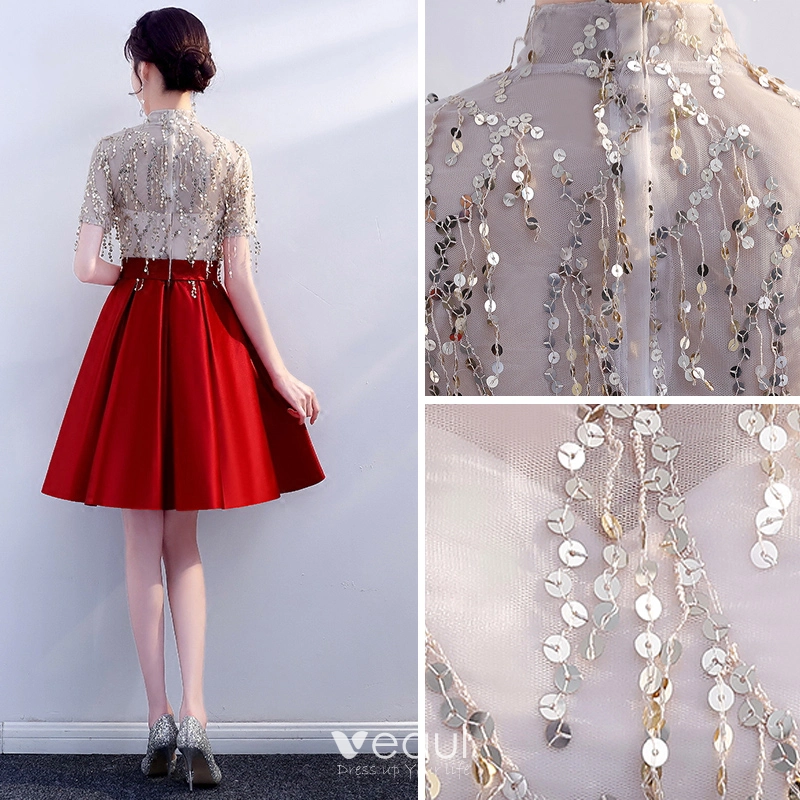 Veaul Modern Fashion Black Party Dresses 2018 A Line Princess Sequins High Neck Short Sleeve