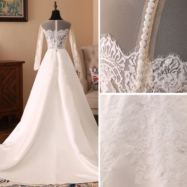 Elegant Ivory Wedding Dresses 2018 A-Line / Princess Organza Lace Scoop Neck Long Sleeve Sweep Train Wedding