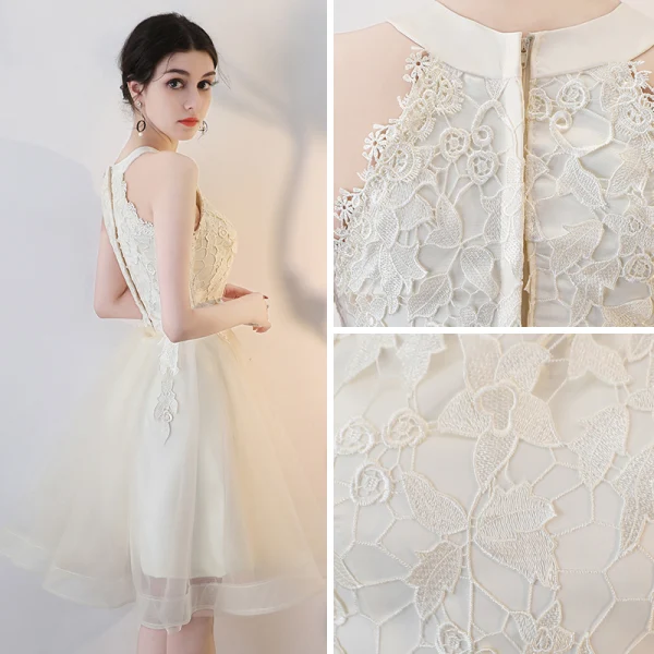 Chic / Beautiful Champagne Homecoming Graduation Dresses 2018 Ball Gown Appliques Lace Scoop Neck Strapless Sleeveless Short Formal Dresses