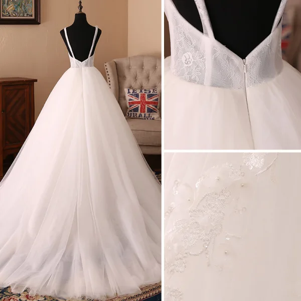 Chic / Belle Ivoire Robe De Mariée 2018 Robe Boule Appliques Perle Paillettes En Dentelle Organza V-Cou Sans Manches Dos Nu Train De Balayage Mariage