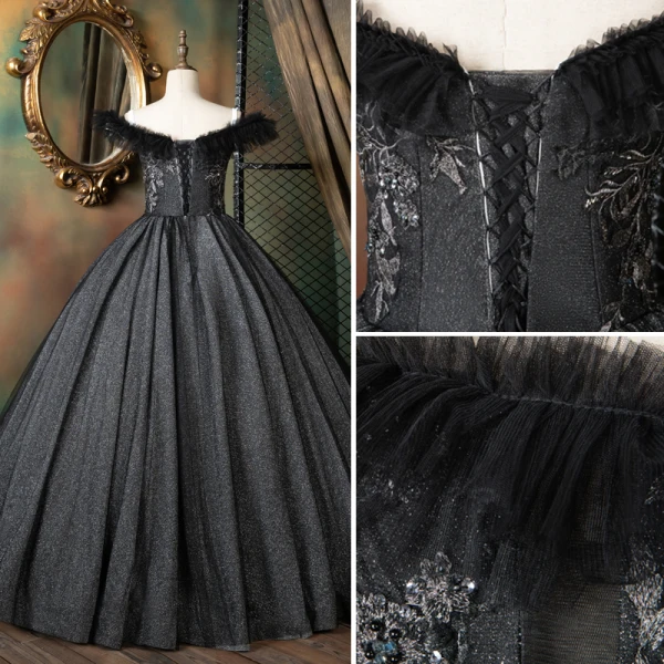 Vintage / Retro Black Quinceañera Prom Dresses 2021 Ball Gown Ruffle Off-The-Shoulder Beading Sequins Lace Flower Sleeveless Backless Floor-Length / Long Formal Dresses