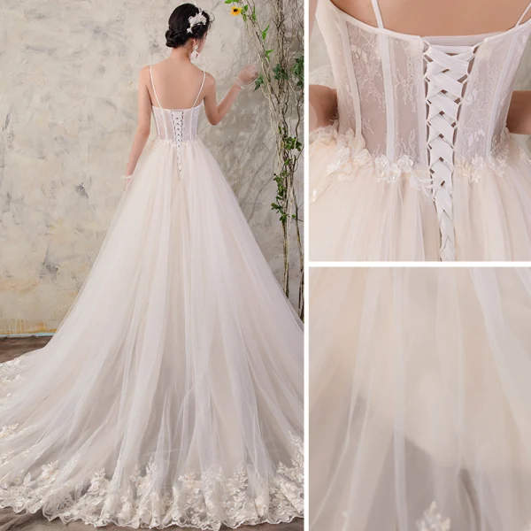 Chic / Beautiful Champagne Wedding Dresses 2018 A-Line / Princess Appliques Pearl Organza Spaghetti Straps Backless Sleeveless Court Train Wedding