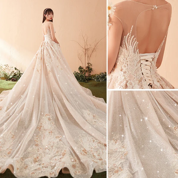 Luxury / Gorgeous Champagne Wedding Dresses 2018 Ball Gown Lace Appliques Beading Crystal Sequins Scoop Neck Backless Sleeveless Cathedral Train Wedding