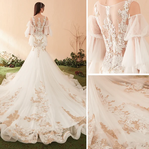 Sexy Champagne Wedding Dresses 2018 Trumpet / Mermaid Appliques Lace Sequins Scoop Neck 1/2 Sleeves Chapel Train Wedding