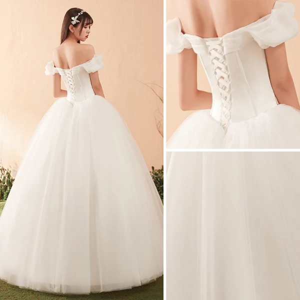 Elegant Ivory Wedding Dresses 2018 Ball Gown Bow Off-The-Shoulder Backless Short Sleeve Floor-Length / Long Wedding