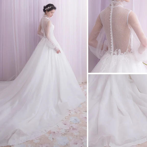 Vintage / Originale Blanche Robe De Mariée 2018 Princesse En Dentelle Perle Bouton recouvert Col Haut Manches Longues Chapel Train Mariage