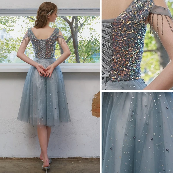 Scintillantes Bleu Ciel Robe De Graduation 2021 Princesse Encolure Dégagée Perlage Gland Paillettes Sans Manches Dos Nu Thé Longueur Soirée Robe De Ceremonie
