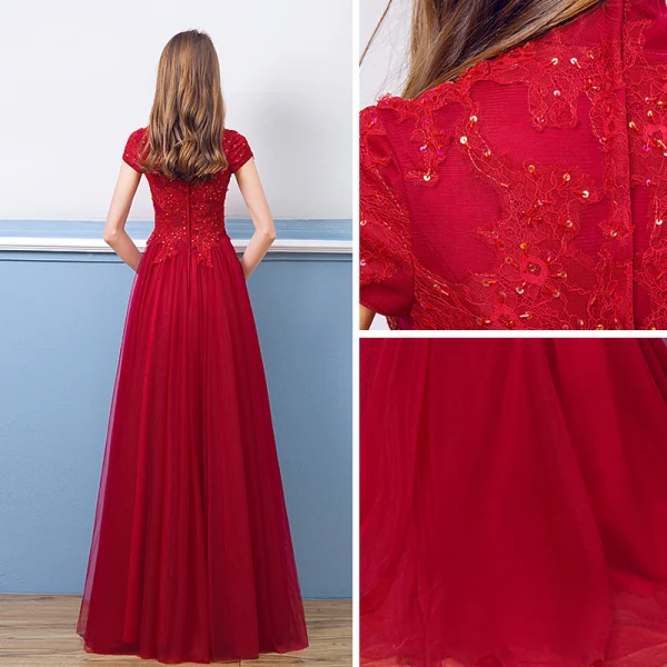 Chic / Beautiful Burgundy Evening Dresses 2018 A-Line / Princess Beading Lace Sequins Crystal High Neck Floor-Length / Long Short Sleeve Formal Dresses