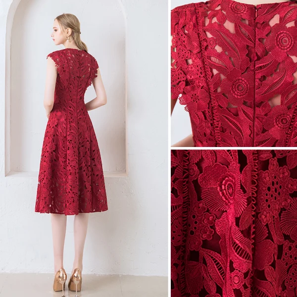 Chic / Beautiful Burgundy Homecoming Graduation Dresses 2018 A-Line / Princess Lace Scoop Neck Sleeveless Knee-Length Formal Dresses