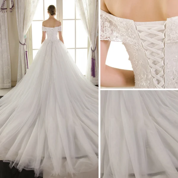 Elegant Ivory Wedding Dresses 2018 Ball Gown Lace Flower Sequins Off-The-Shoulder Backless Sleeveless Cathedral Train Wedding
