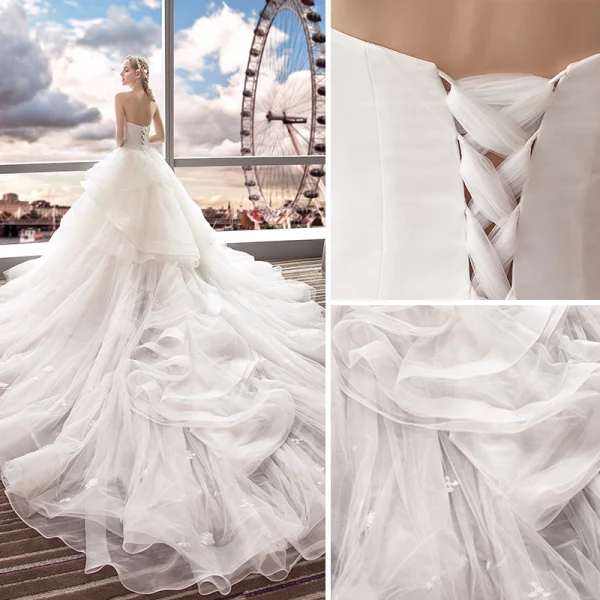 Elegant Ivory Wedding Dresses 2018 Ball Gown Lace Flower Pearl Cascading Ruffles Strapless Backless Sleeveless Royal Train Wedding