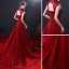 Chinese style Burgundy Evening Dresses  2018 A-Line / Princess Beading Crystal Pearl Lace Flower High Neck Backless Sleeveless Sweep Train Formal Dresses