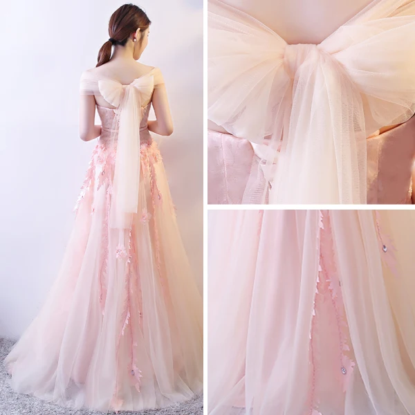 Élégant Perle Rose Robe De Soirée 2018 Princesse Appliques Perlage Paillettes V-Cou Noeud Dos Nu Sans Manches Longue Robe De Ceremonie