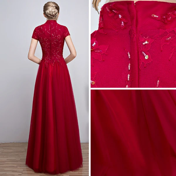 Chinese style Burgundy Evening Dresses 2018 A-Line / Princess Beading Crystal Sequins High Neck Short Sleeve Floor-Length / Long Formal Dresses