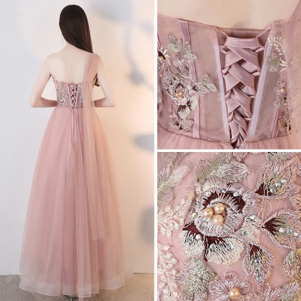 Élégant Nues Robe De Soirée 2018 Princesse En Dentelle Appliques Perle Faux Diamant Une épaule Dos Nu Sans Manches Longueur Cheville Robe De Ceremonie