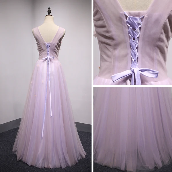 Elegant Lilac Prom Dresses 2018 A-Line / Princess Appliques Beading Sequins V-Neck Backless Sleeveless Floor-Length / Long Formal Dresses