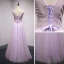 Elegant Lilac Prom Dresses 2018 A-Line / Princess Appliques Beading Sequins V-Neck Backless Sleeveless Floor-Length / Long Formal Dresses