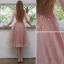 Chic / Beautiful Blushing Pink Homecoming Graduation Dresses 2021 A-Line / Princess Scoop Neck Beading Sequins Short Sleeve Tea-length Formal Dresses