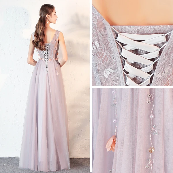 Chic / Beautiful Lavender Prom Dresses 2018 A-Line / Princess Lace Appliques Beading Crystal V-Neck Backless Sleeveless Floor-Length / Long Formal Dresses