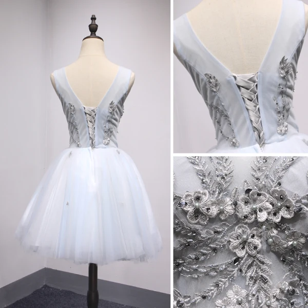 Chic / Beautiful Grey Sky Blue Party Dresses 2018 A-Line / Princess Beading Crystal Pearl Appliques V-Neck Backless Sleeveless Short Formal Dresses