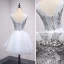 Chic / Beautiful Grey Sky Blue Party Dresses 2018 A-Line / Princess Beading Crystal Pearl Appliques V-Neck Backless Sleeveless Short Formal Dresses