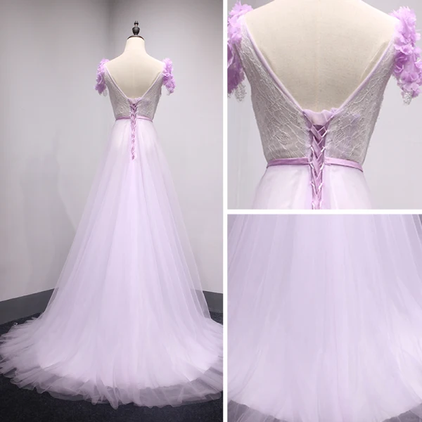 Chic / Belle Lilas Robe De Soirée 2018 Princesse En Dentelle Fleur Appliques Perlage Perle V-Cou Dos Nu Sans Manches Train De Balayage Robe De Ceremonie