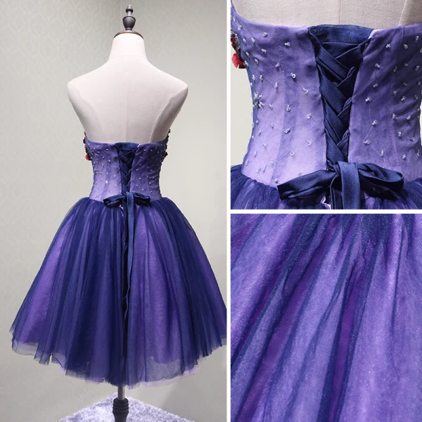 Sexy Violett Partykleider 2018 A Linie Applikationen Perlenstickerei Kristall Pailletten Schleife Bandeau Rückenfreies Ärmellos Kurze Festliche Kleider
