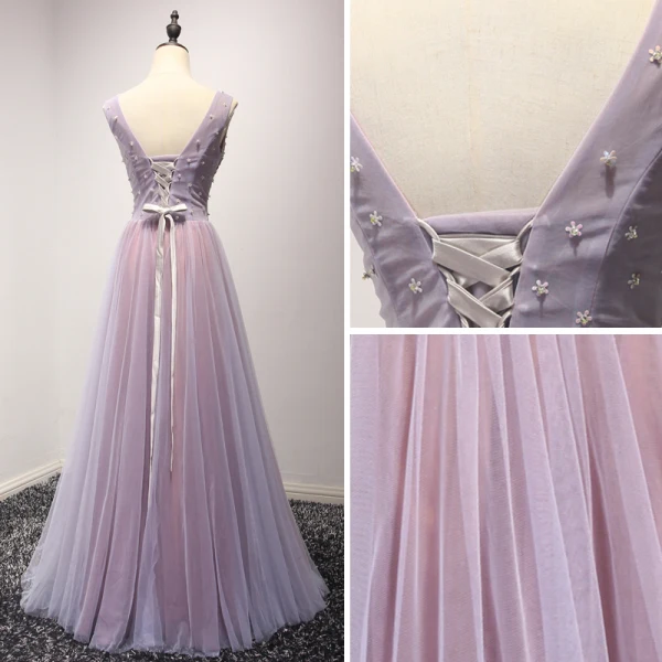 Chic / Beautiful Lilac Prom Dresses 2018 A-Line / Princess Pearl Crystal Sequins Bow V-Neck Backless Sleeveless Floor-Length / Long Formal Dresses