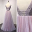 Chic / Beautiful Lilac Prom Dresses 2018 A-Line / Princess Pearl Crystal Sequins Bow V-Neck Backless Sleeveless Floor-Length / Long Formal Dresses