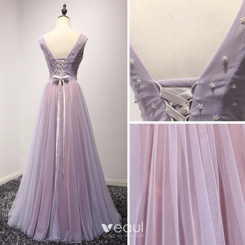 High Low Sequins Lace Dresses with Bow Lilac