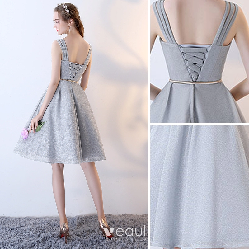 Modest Simple Silver Homecoming Graduation Dresses 2018 A Line Princess Sash Spaghetti Straps Backless Sleeveless Knee