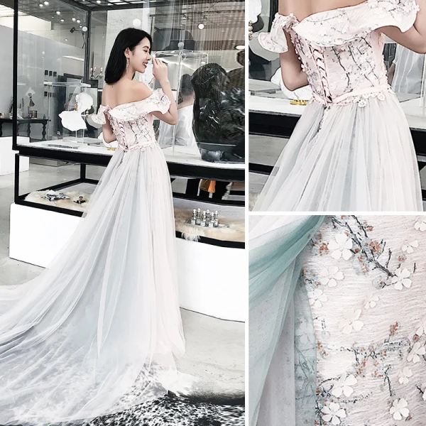 Modern / Fashion Blushing Pink Evening Dresses 2018 A-Line / Princess Appliques Sash Off-The-Shoulder Backless Sleeveless Court Train Formal Dresses