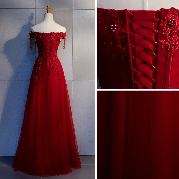 Chic / Beautiful Burgundy Evening Dresses 2018 A-Line / Princess Appliques Lace Beading Tassel Crystal Pearl Off-The-Shoulder Sleeveless Backless Formal Dresses