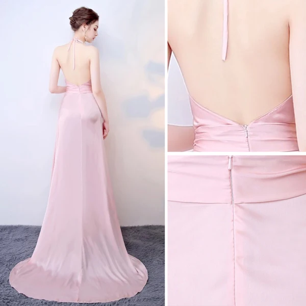 Sexy Rosa Rückenfreies Abendkleider 2018 A Linie Schleife Neckholder Ärmellos Sweep / Pinsel Zug Festliche Kleider